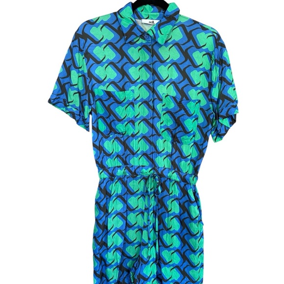 adL Blue, Green, Black Patterned Jumpsuit Romper with Cinched Waist and Collar. - Picture 1 of 8